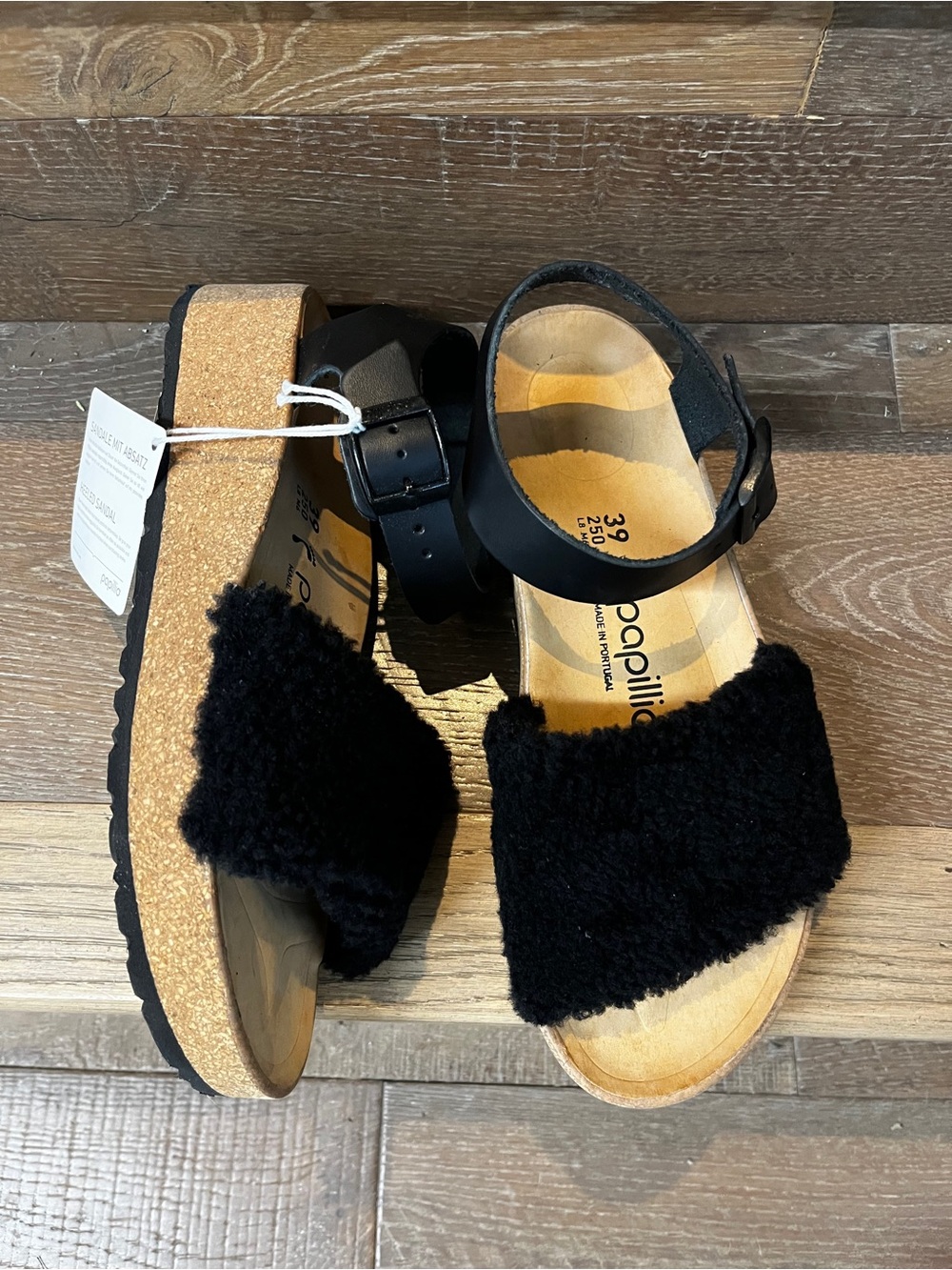 Papillio by Birkenstock Glenda Teddy Fuzzy Black Cork Flatform Sandals 39 8 N